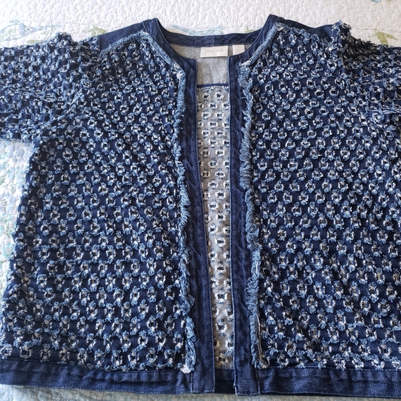 🫖2/$20 Chicos Denim Hole Open Front Jacket ECU - Picture 1 of 8